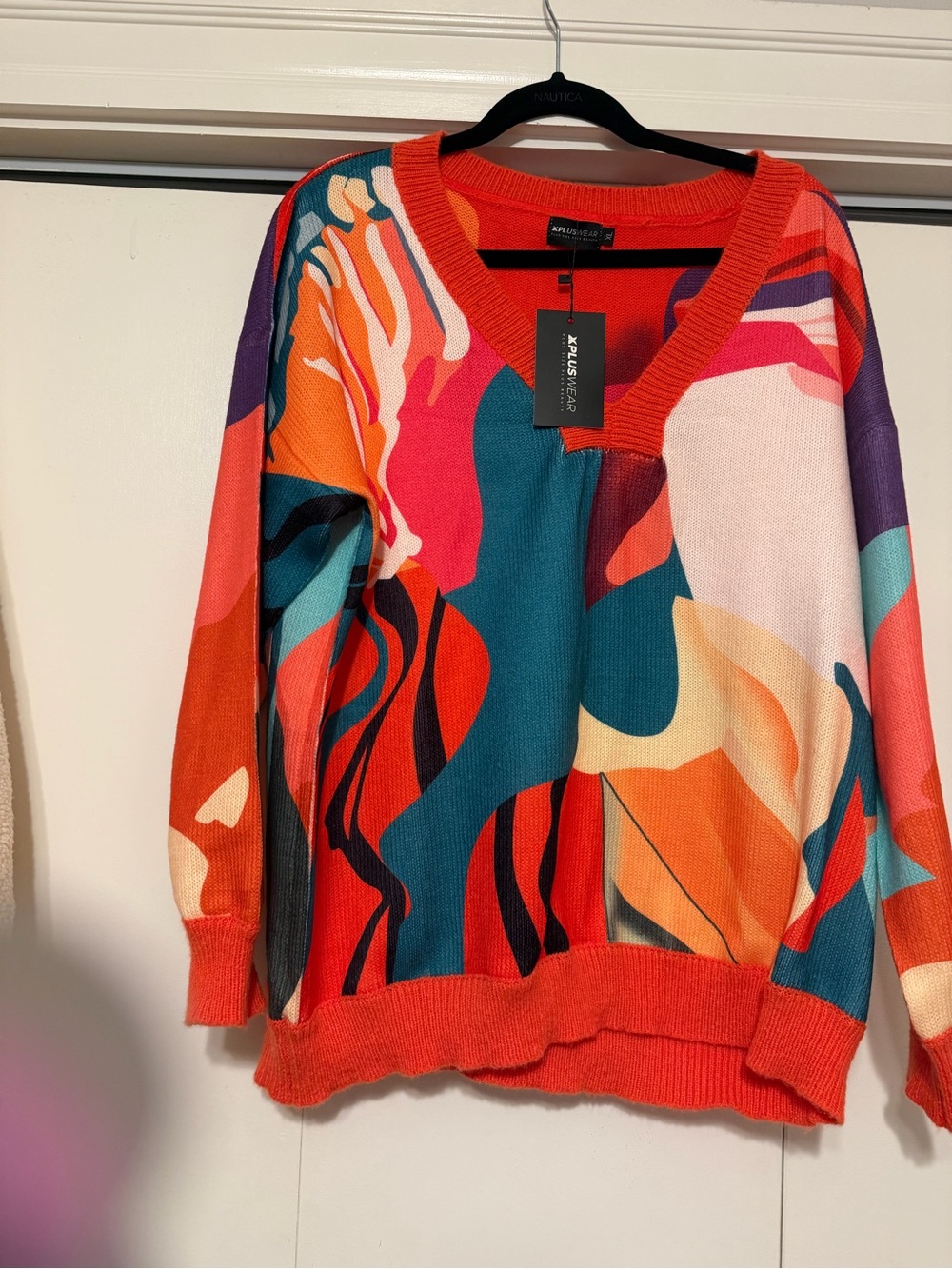 Abstract Multicolor V-Neck Sweater - Red Teal Pink